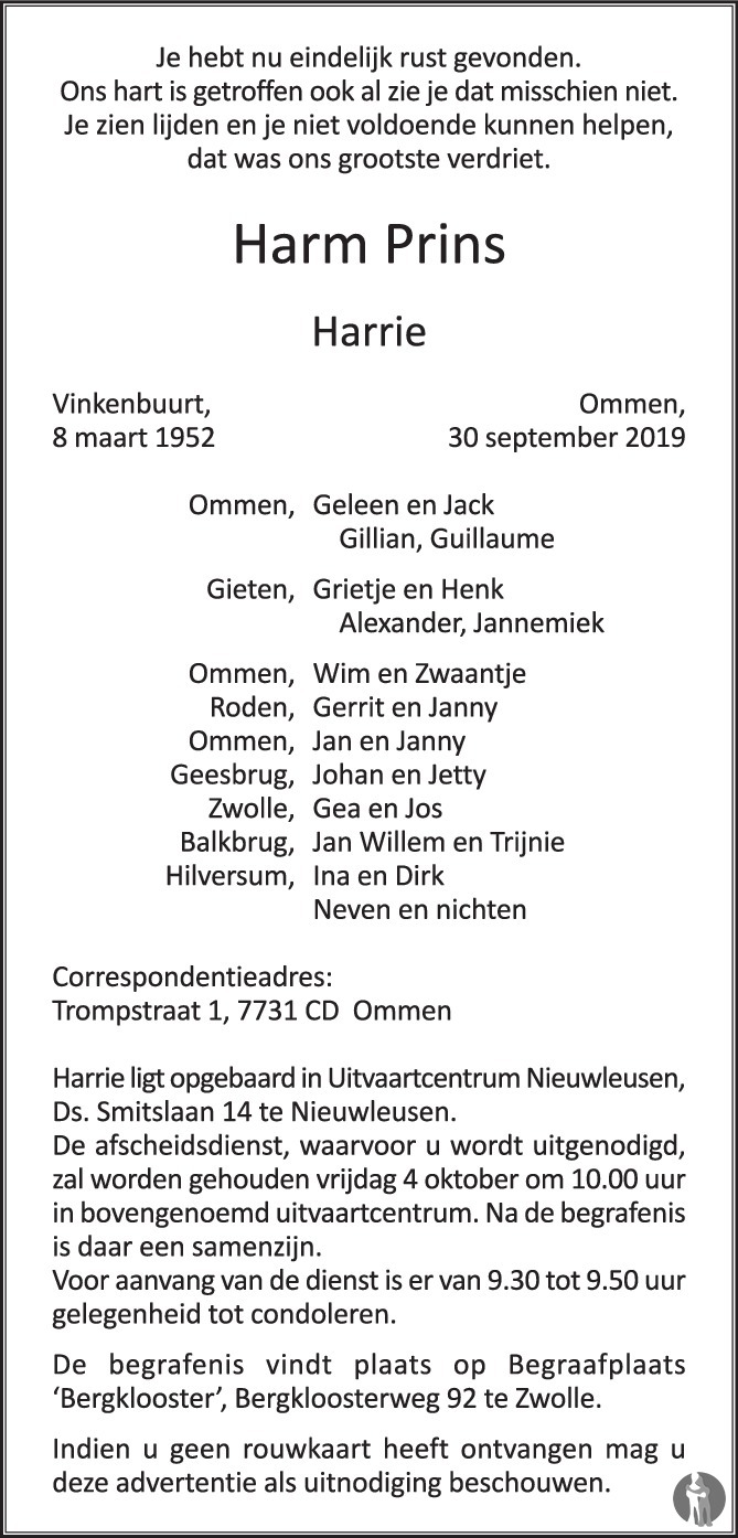 Overlijdensbericht van Harm (Harrie) Prins in de Stentor