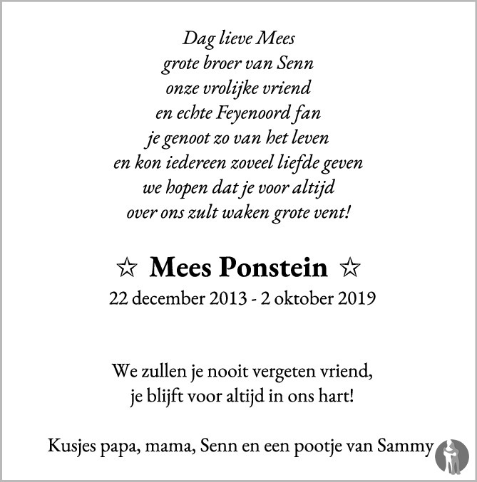 Overlijdensbericht van Mees Ponstein in Huis aan Huis Elburg Oldebroek Nunspeet