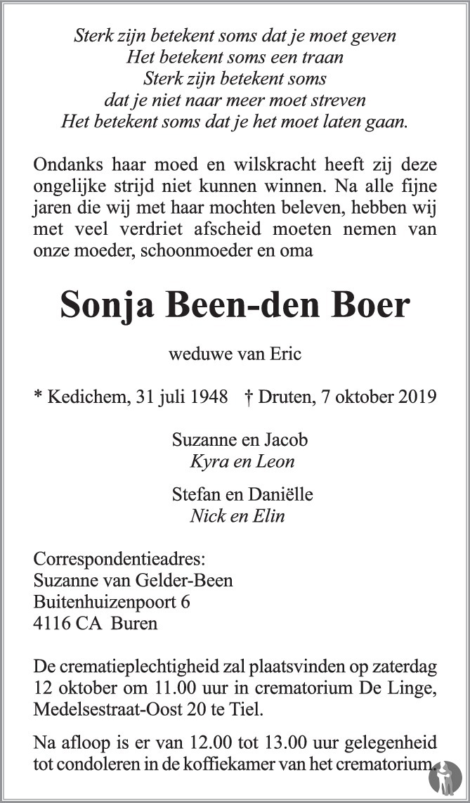 Sonja Been - den Boer 07-10-2019 overlijdensbericht en condoleances ...