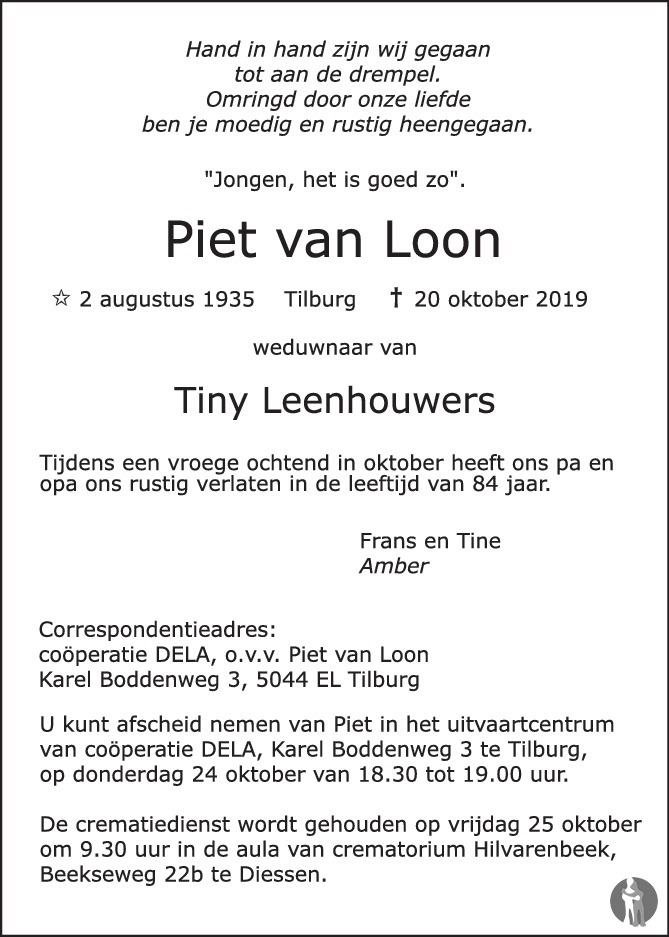 Piet van Loon 20-10-2019 overlijdensbericht en condoleances - Mensenlinq.nl