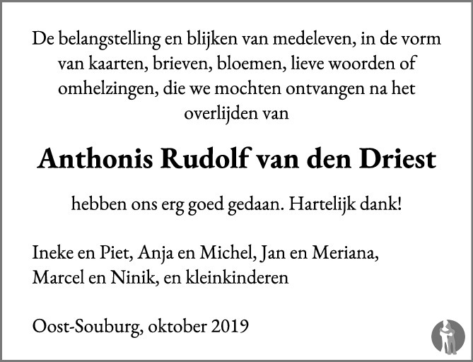 Overlijdensbericht van Anthonis Rudolf (Anthon) van den Driest in PZC Provinciale Zeeuwse Courant
