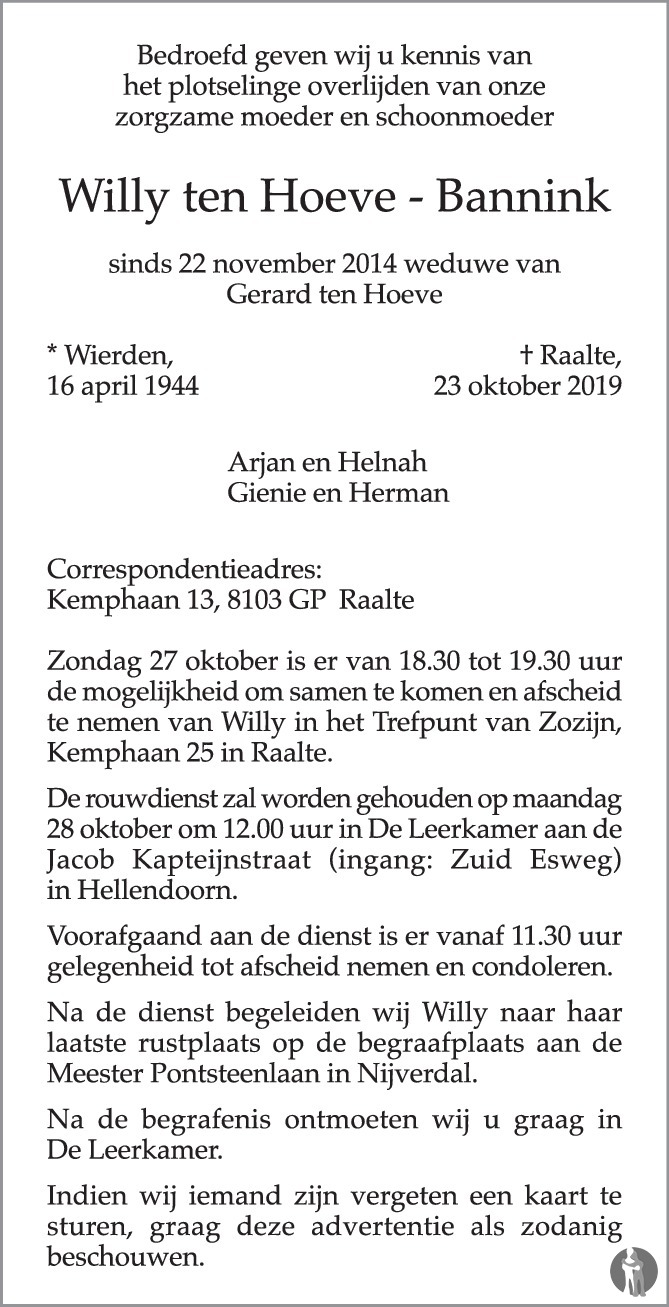 WIlly ten Hoeve - Bannink 23-10-2019 overlijdensbericht en condoleances ...