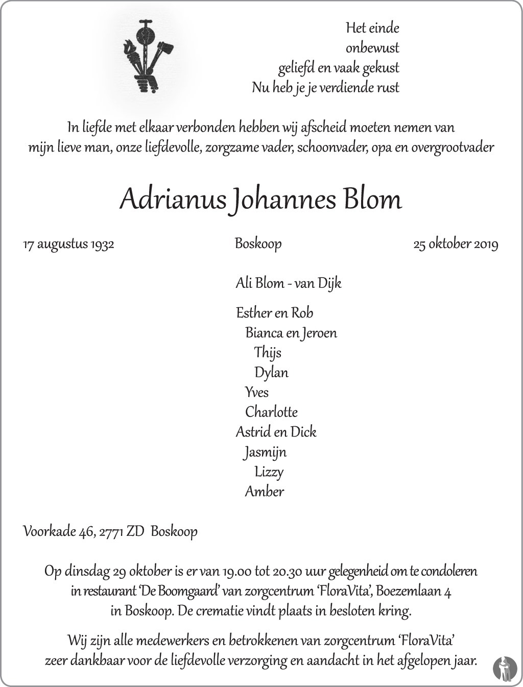 Adrianus Johannes Blom 25102019 overlijdensbericht en condoleances