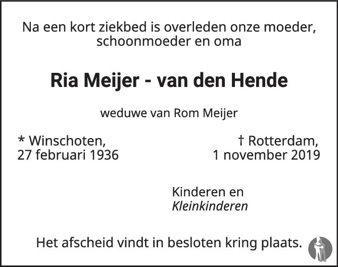 Ria Meijer van den Hende 01112019 overlijdensbericht en