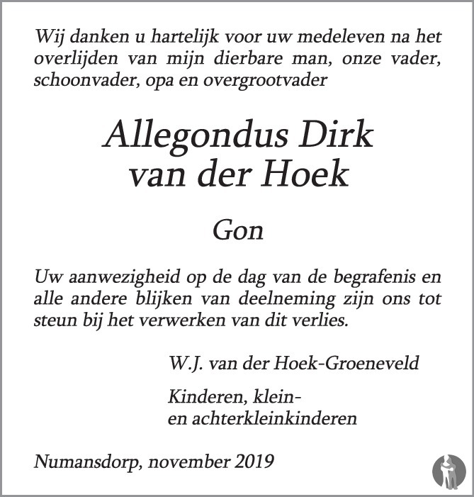 Allegondus Dirk (Gon) van der Hoek 18-09-2019 overlijdensbericht en ...