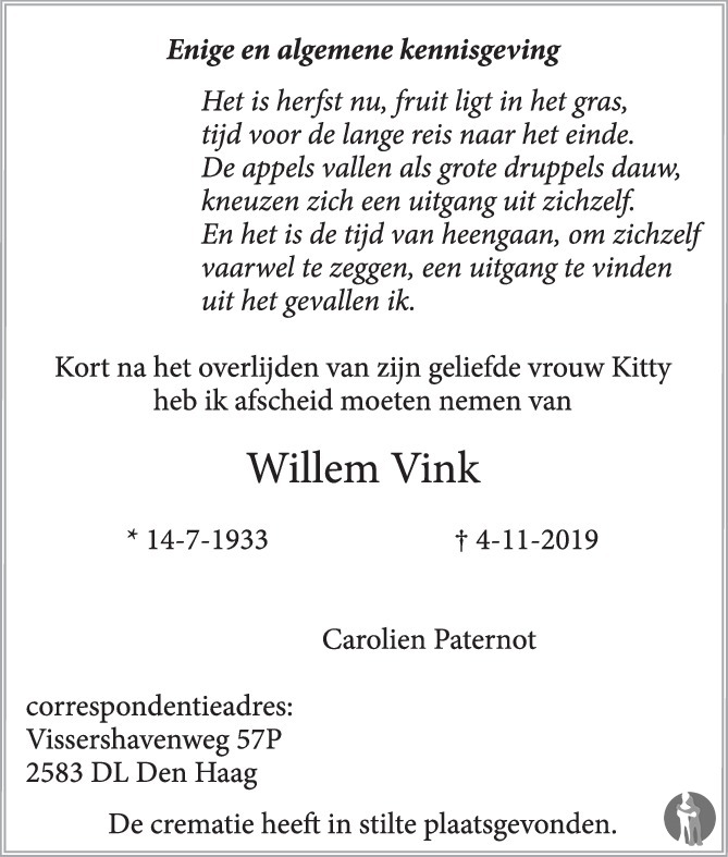 Willem Vink 04-11-2019 Overlijdensbericht En Condoleances - Mensenlinq.nl