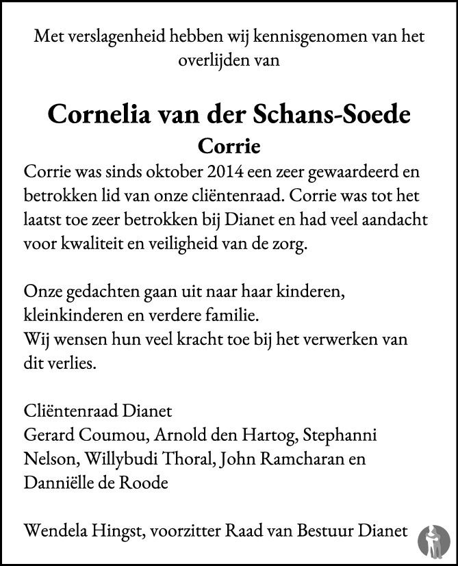 Overlijdensbericht van Cornelia (Corrie) van der Schans -Soede in AD Algemeen Dagblad