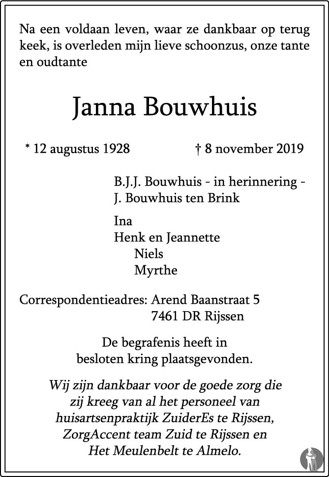 Overlijdensbericht van Janna Bouwhuis in Tubantia