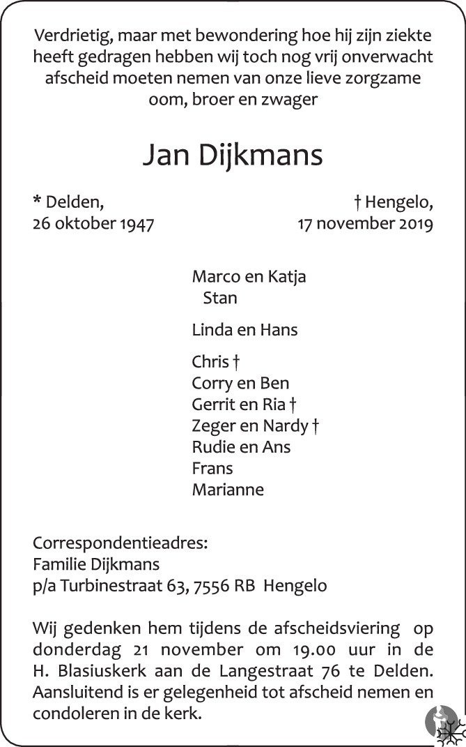 Jan Dijkmans 17-11-2019 overlijdensbericht en condoleances - Mensenlinq.nl