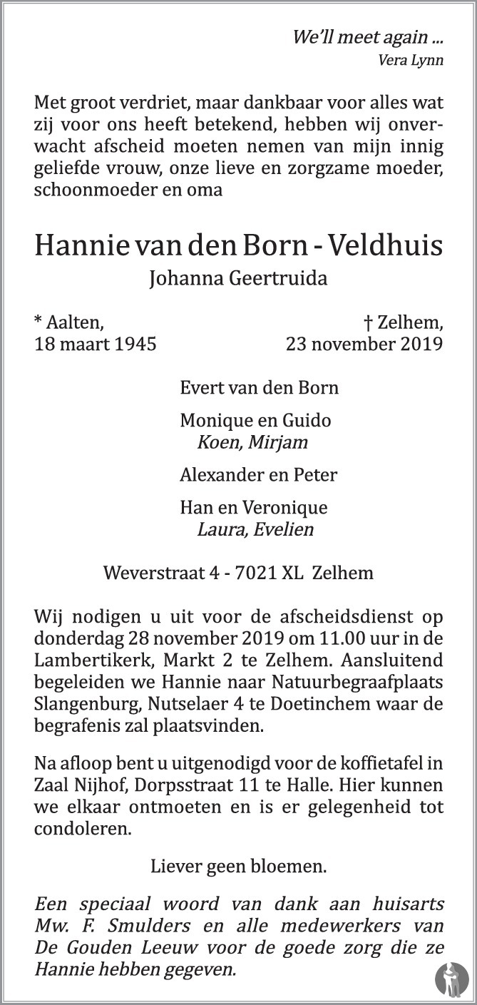 Johanna Geertruida (Hannie) van den Born - Veldhuis 23-11-2019 ...