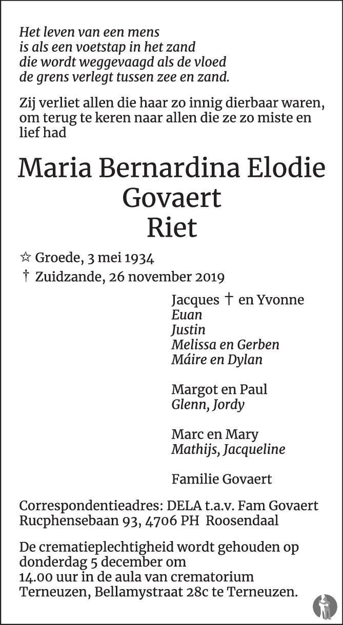 Overlijdensbericht van Maria Bernardina Elodie (Riet) Govaert in PZC Provinciale Zeeuwse Courant