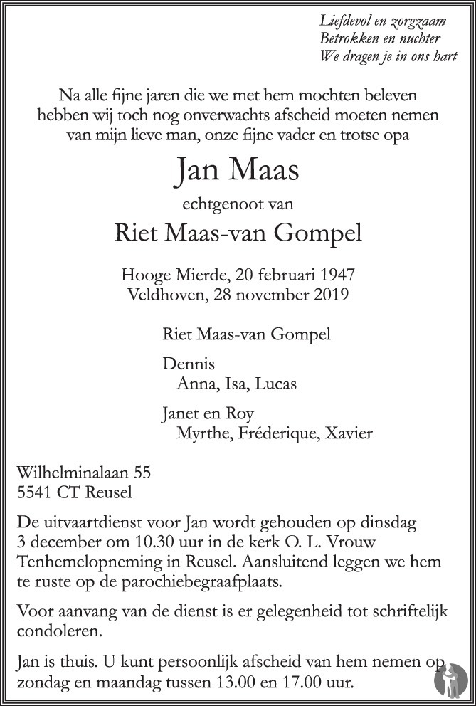 Jan Maas 28112019 overlijdensbericht en condoleances Mensenlinq.nl