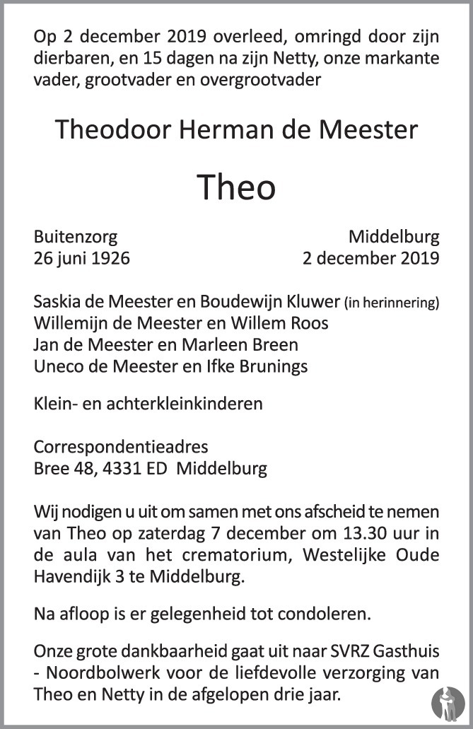 Overlijdensbericht van Theodoor Herman (Theo) de Meester in PZC Provinciale Zeeuwse Courant