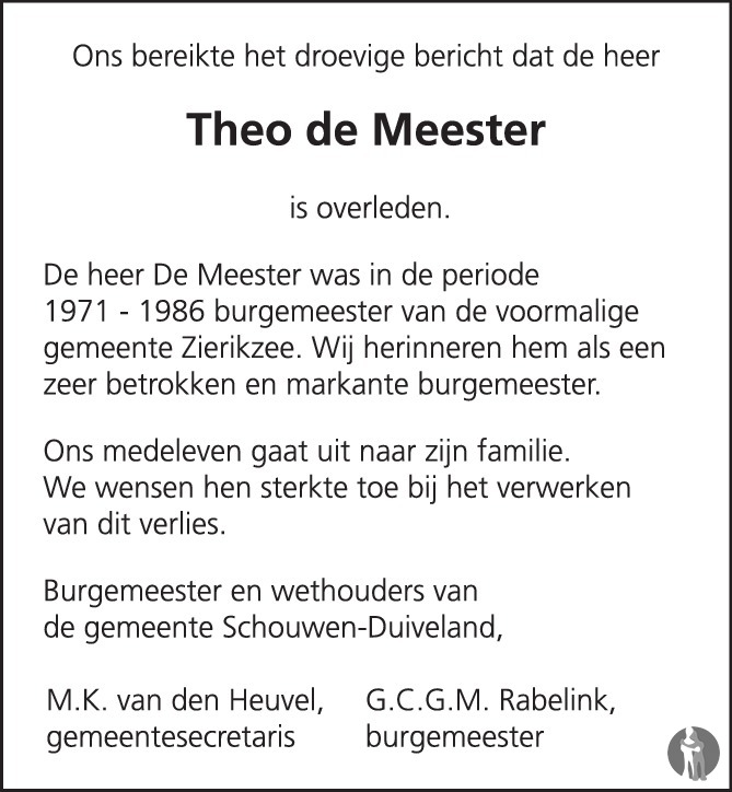 Overlijdensbericht van Theodoor Herman (Theo) de Meester in PZC Provinciale Zeeuwse Courant
