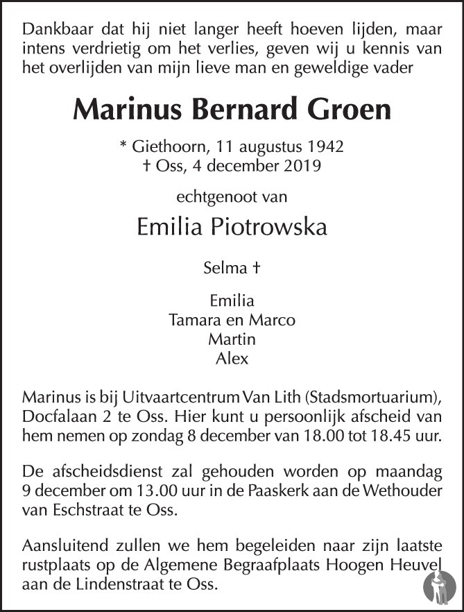 Overlijdensbericht van Marinus Bernard Groen in Brabants Dagblad