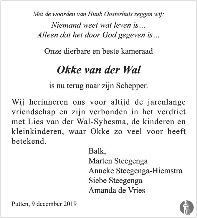 Overlijdensbericht van Okke van der Wal in Trouw