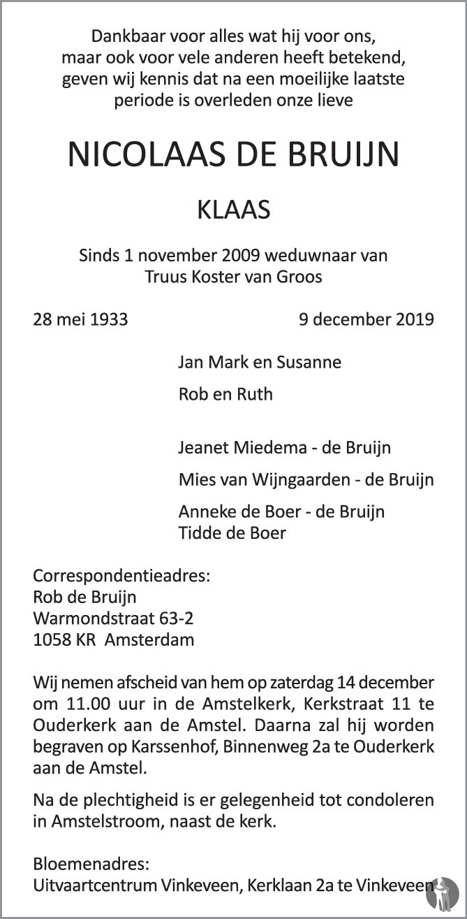 Nicolaas (Klaas) De Bruijn 09-12-2019 Overlijdensbericht En ...