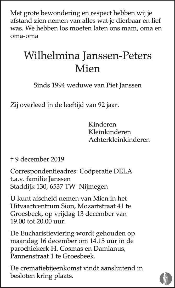 Wilhelmina (Mien) Janssen - Peters 09-12-2019 Overlijdensbericht En ...