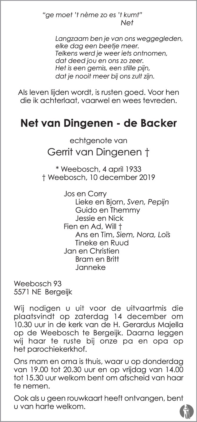 Net van Dingenen - de Backer 10-12-2019 overlijdensbericht en ...