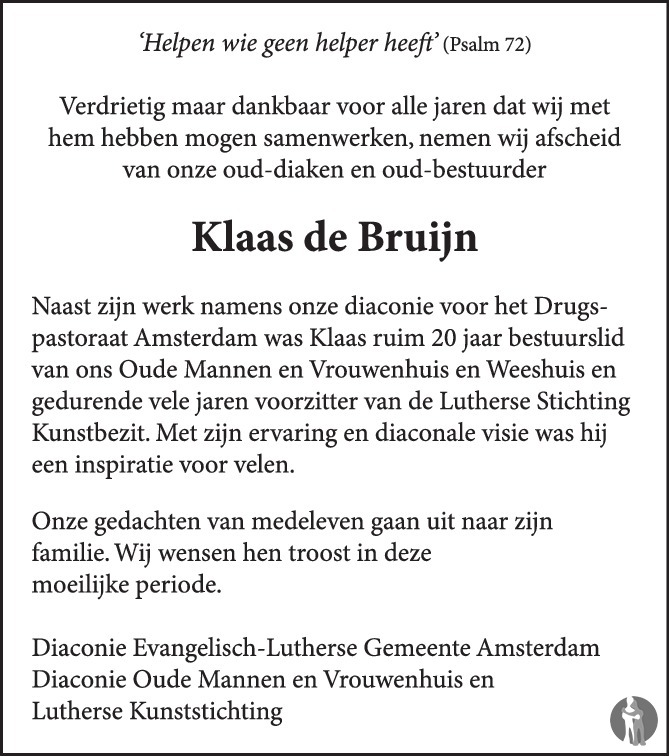 Nicolaas (Klaas) De Bruijn 09-12-2019 Overlijdensbericht En ...