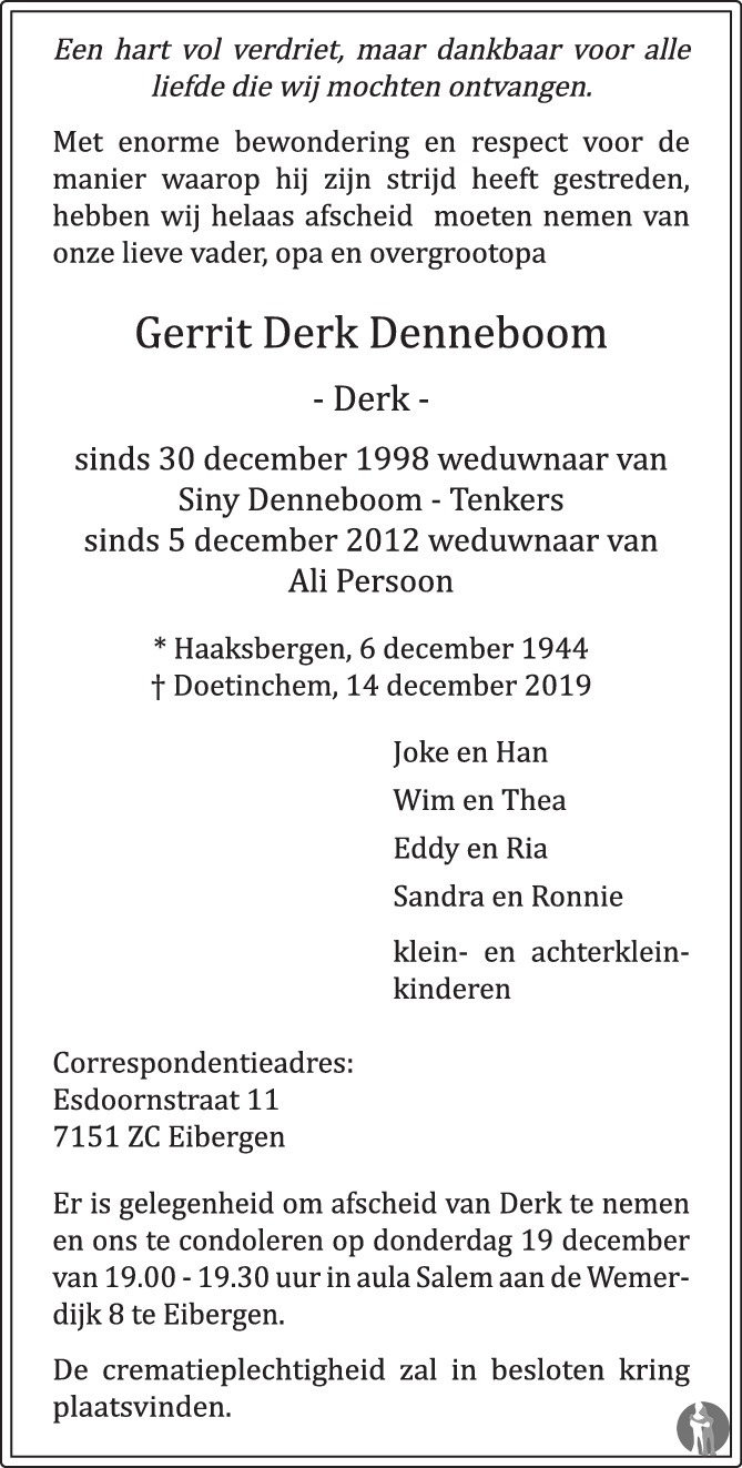 Gerrit Derk (Derk) Denneboom 14-12-2019 overlijdensbericht en ...