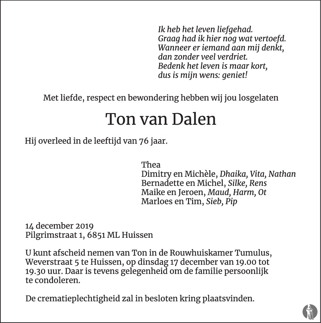 Ton van Dalen 14-12-2019 overlijdensbericht en condoleances - Mensenlinq.nl