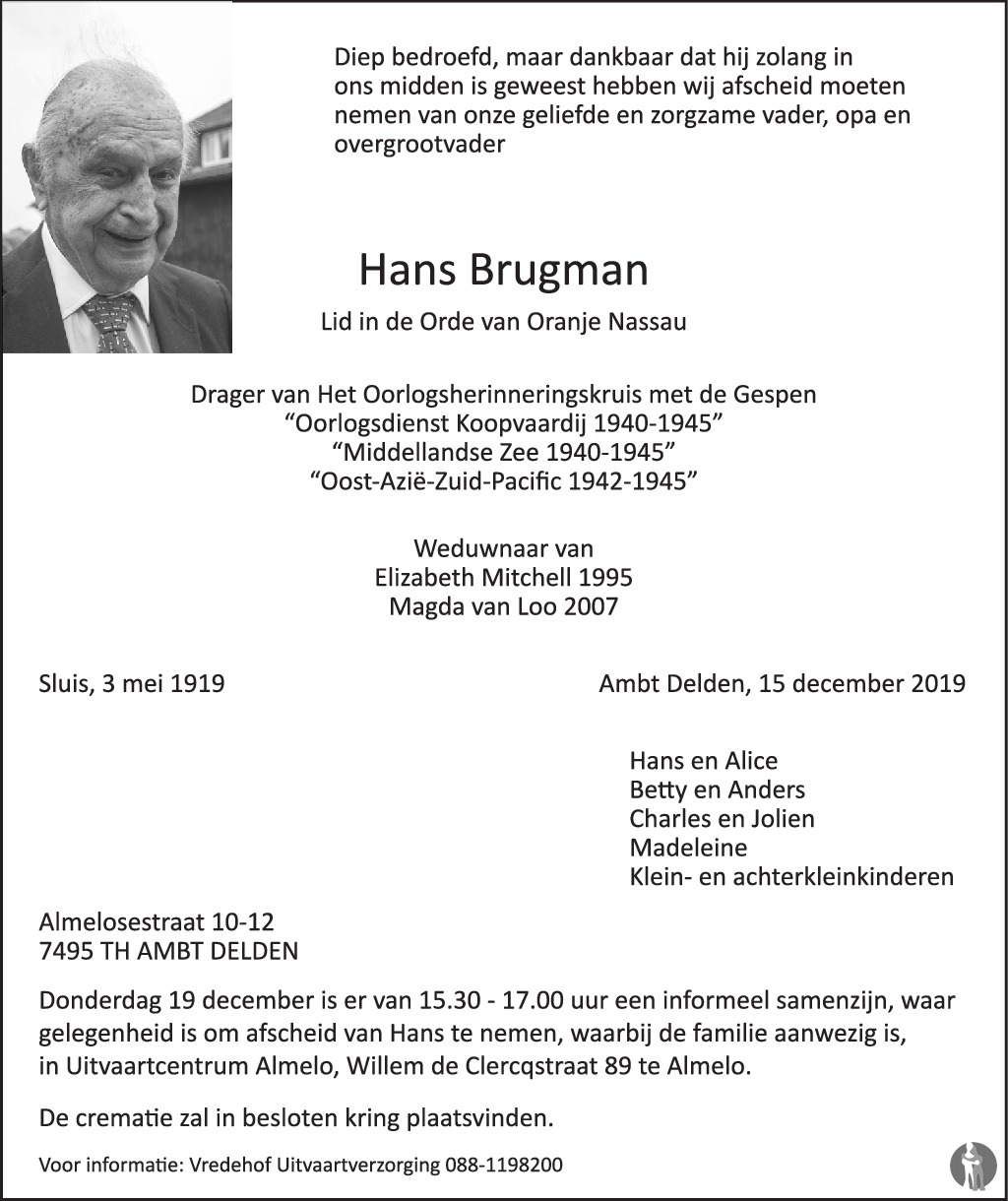 Hans Brugman 15-12-2019 overlijdensbericht en condoleances - Mensenlinq.nl