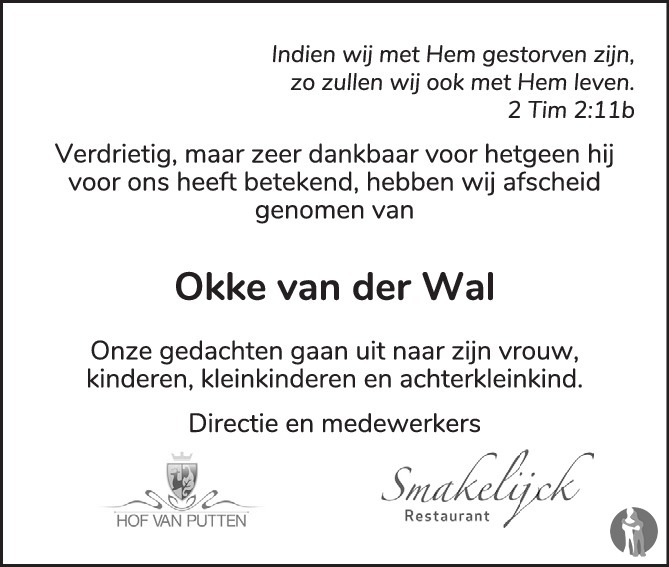 Overlijdensbericht van Okke van der Wal in Puttens Weekblad