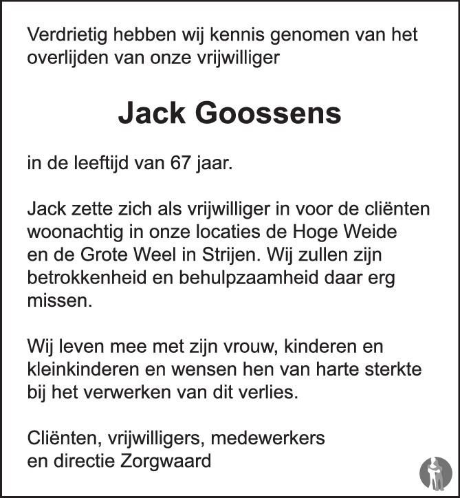 Jacobus Cornelis Goossens ✝ 11-12-2019 overlijdensbericht Mensenlinq.nl