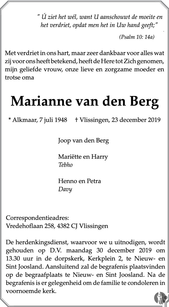 Marianne van den Berg 23122019 overlijdensbericht en condoleances Mensenlinq.nl Marianne van den Berg 23122019 overlijdensbericht en condoleances Mensenlinq.nl