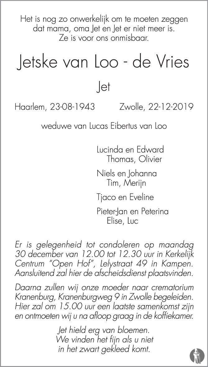 Jetske (Jet) van Loo - de Vries 22-12-2019 overlijdensbericht en ...