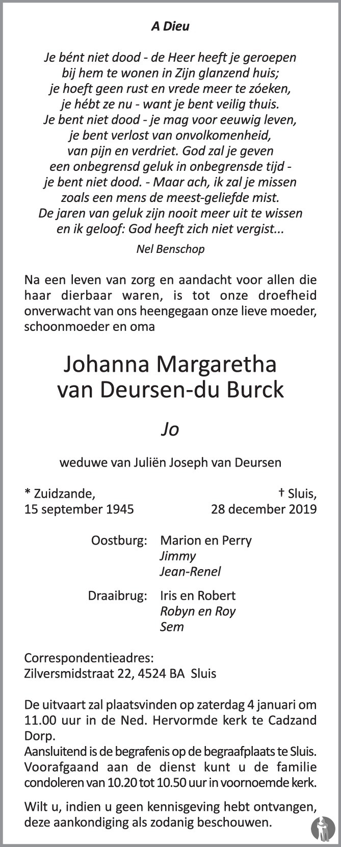Overlijdensbericht van Johanna Margaretha (Jo) van Deursen - du Burck in PZC Provinciale Zeeuwse Courant