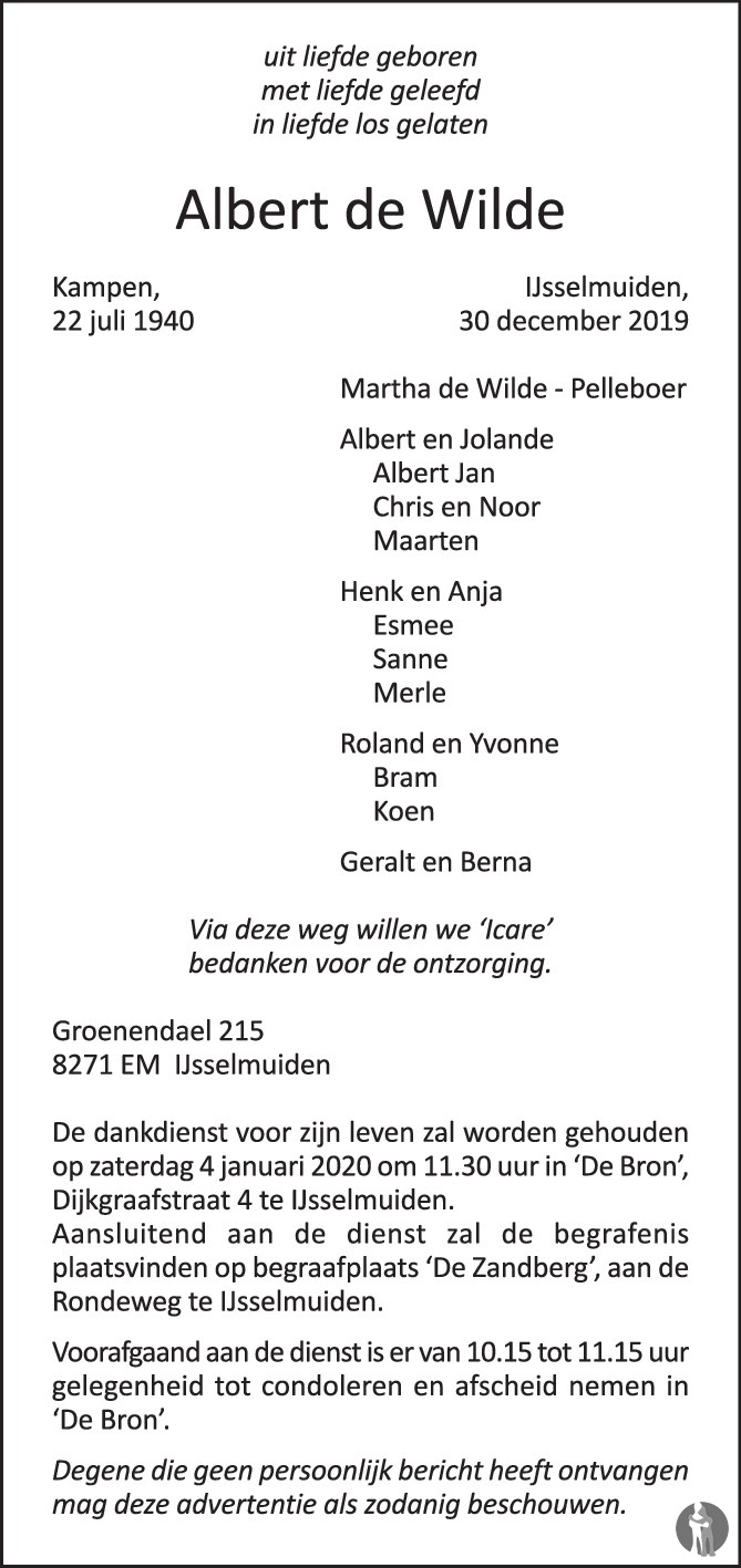 Albert de Wilde 30122019 overlijdensbericht en condoleances