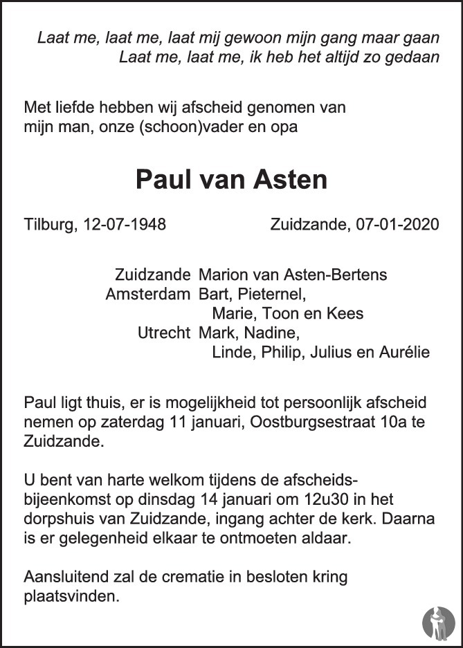 Overlijdensbericht van Paul van Asten in Brabants Dagblad
