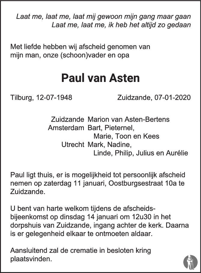 Overlijdensbericht van Paul van Asten in PZC Provinciale Zeeuwse Courant