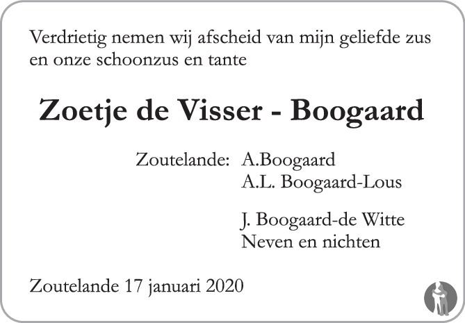 Overlijdensbericht van Zoetje de Visser-Boogaard in PZC Provinciale Zeeuwse Courant