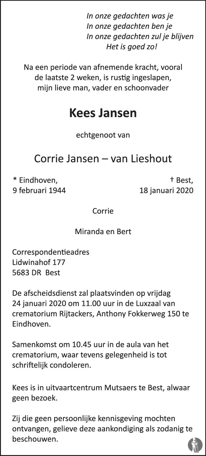 Kees Jansen 18-01-2020 overlijdensbericht en condoleances - Mensenlinq.nl