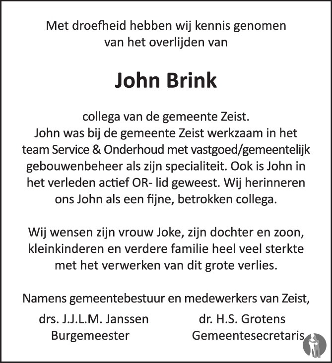 John Brink 24012020 overlijdensbericht en condoleances Mensenlinq.nl