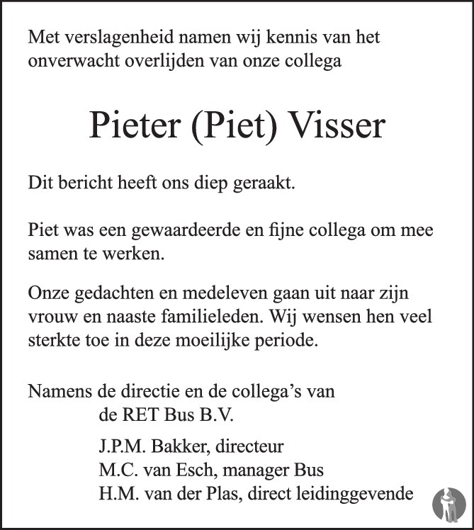 Pieter (Piet) Visser 24012020 overlijdensbericht en condoleances