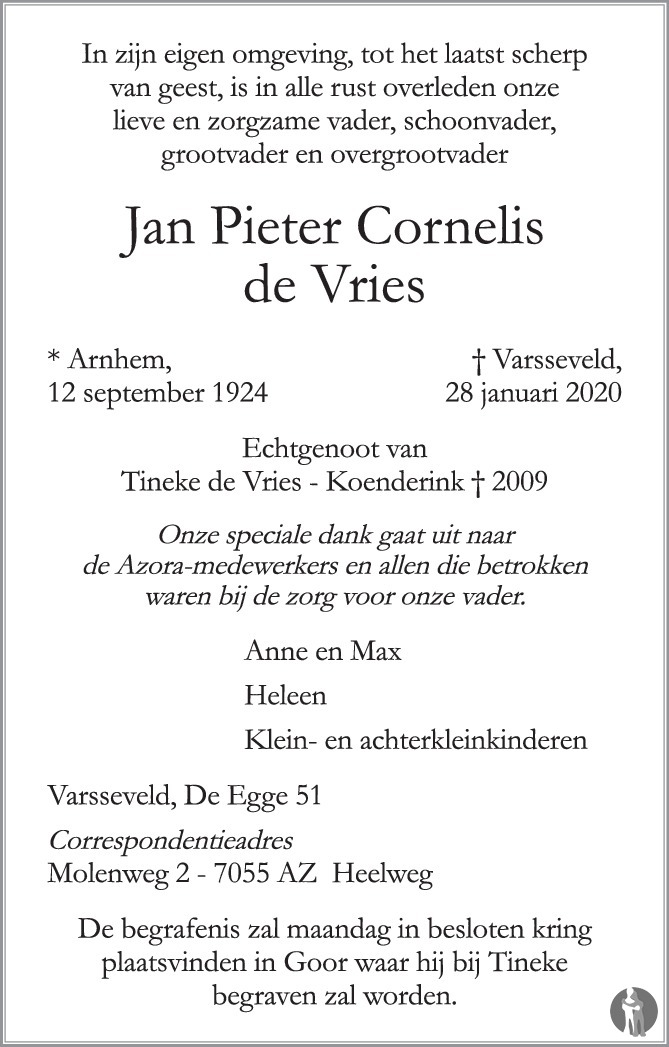 Jan Pieter Cornelis de Vries 28-01-2020 overlijdensbericht en ...