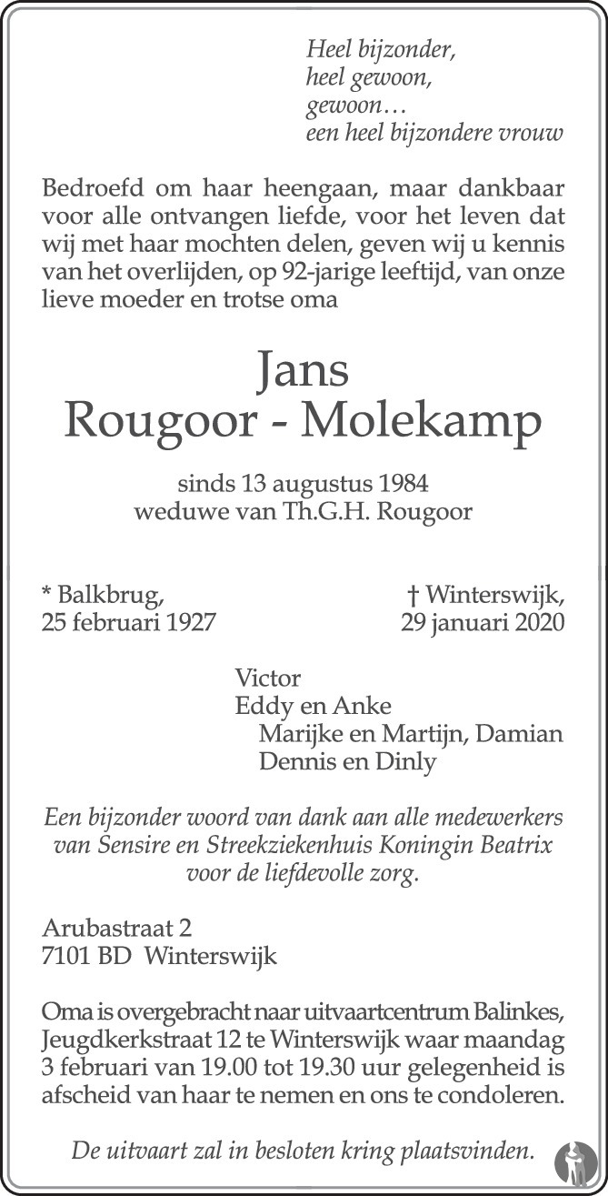 Overlijdensbericht van Jans Rougoor-Molekamp in de Gelderlander