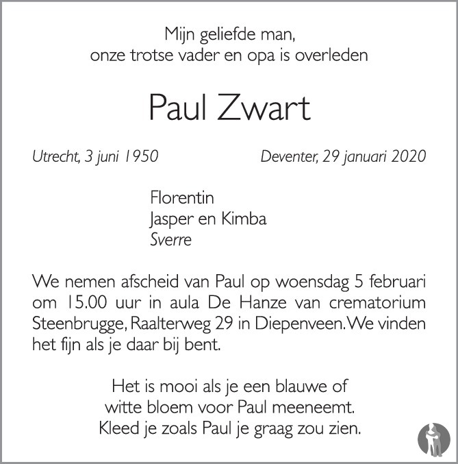 residu Pas op chocola Paul Zwart ✝ 29-01-2020 overlijdensbericht en condoleances - Mensenlinq.nl