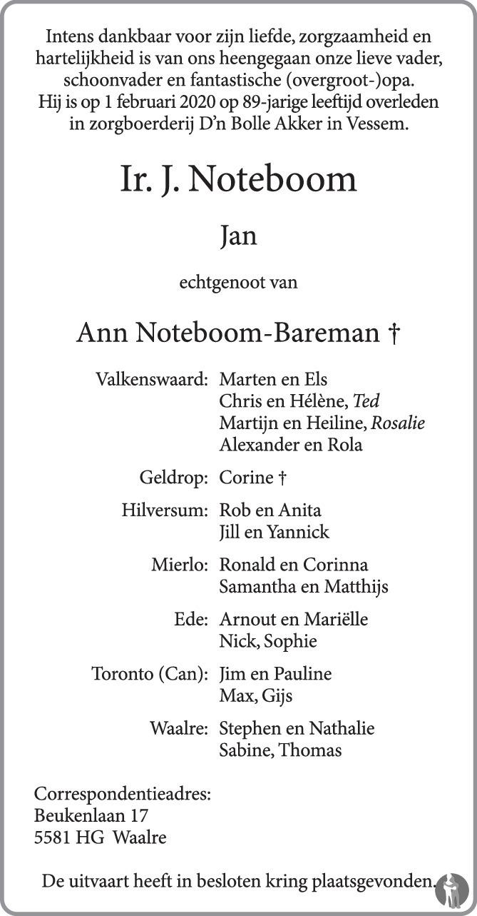 Jan Noteboom 01022020 overlijdensbericht en condoleances Mensenlinq.nl
