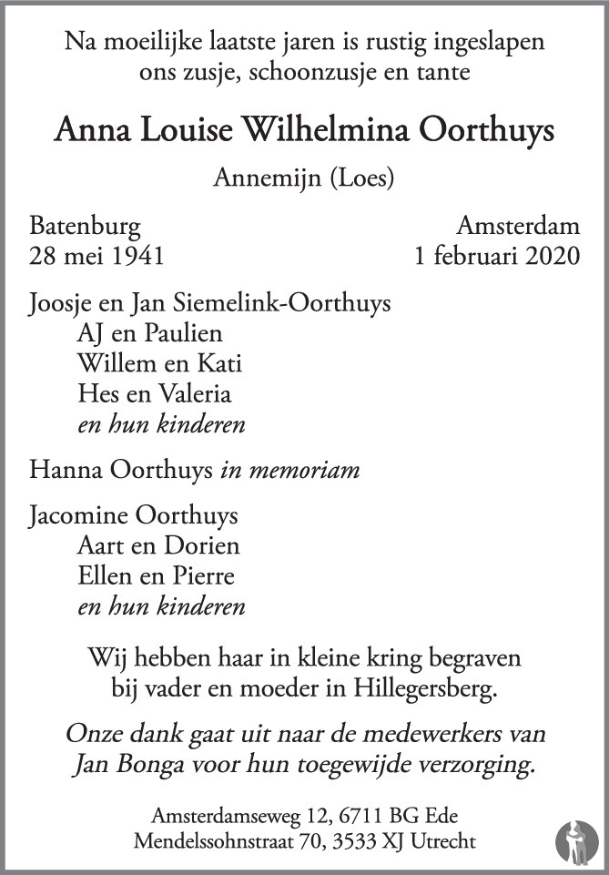 Overlijdensbericht van Anna Louise Wilhelmina Annemijn (Loes) Oorthuys in Trouw