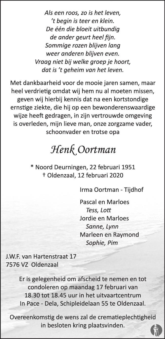 Henk Oortman 12 02 Overlijdensbericht En Condoleances Mensenlinq Nl