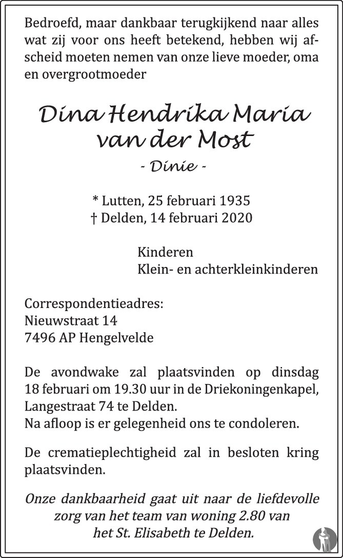 Overlijdensbericht van Dina Hendrika Maria (Dinie) van der Most in Tubantia
