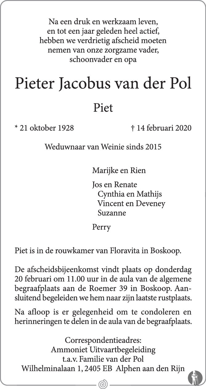 Pieter Jacobus (Piet) van der Pol 14022020 overlijdensbericht en