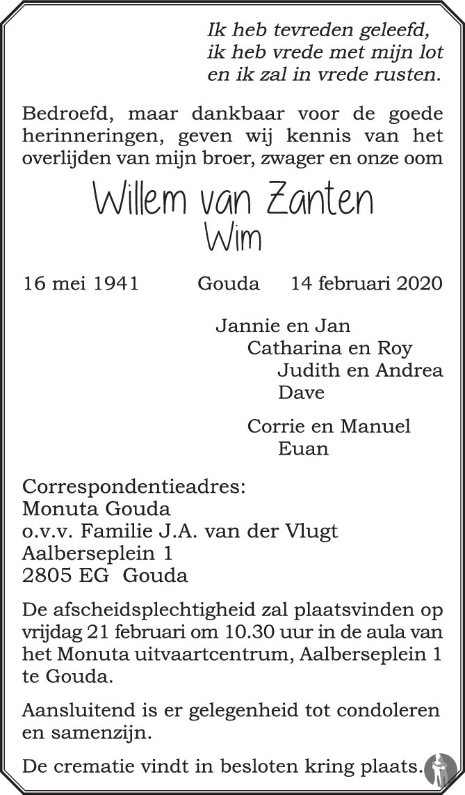 Willem (Wim) van Zanten 14-02-2020 overlijdensbericht en condoleances ...