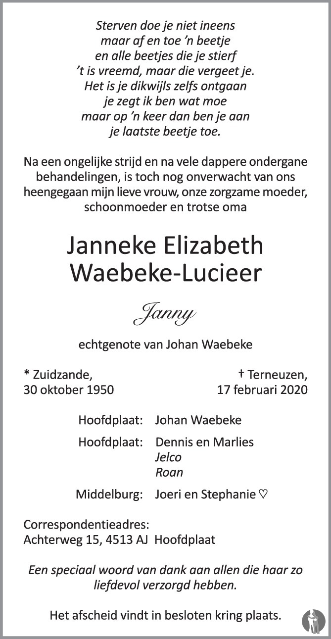 Overlijdensbericht van Janneke Elizabeth (Janny) Waebeke-Lucieer in PZC Provinciale Zeeuwse Courant