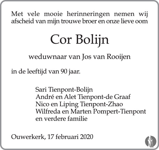 Overlijdensbericht van Cor Bolijn in PZC Provinciale Zeeuwse Courant